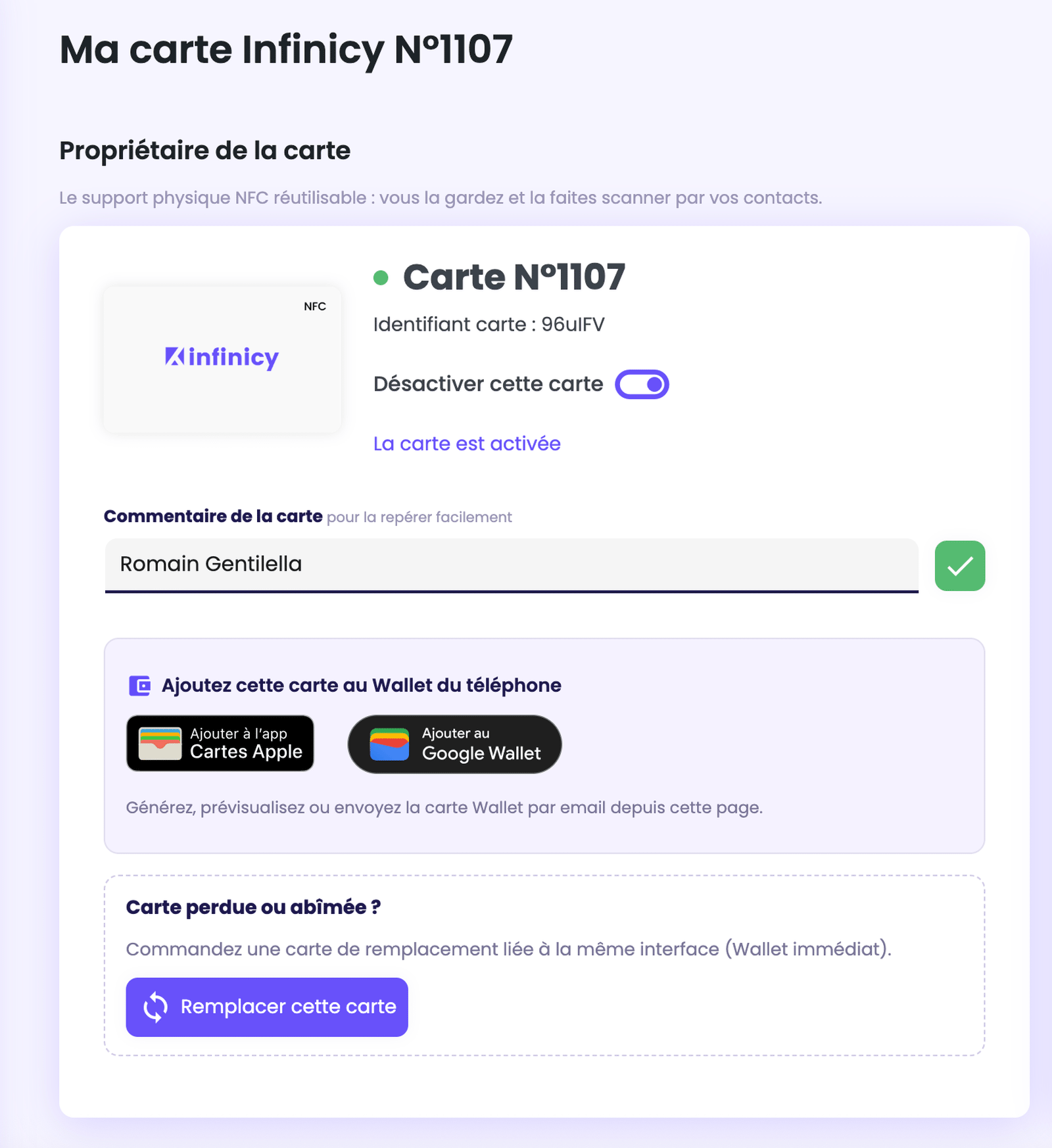 Page de gestion d'une carte sur la plateforme Infinicy : bloc Ajoutez cette carte au Wallet du téléphone, avec les boutons Cartes Apple et Google Wallet